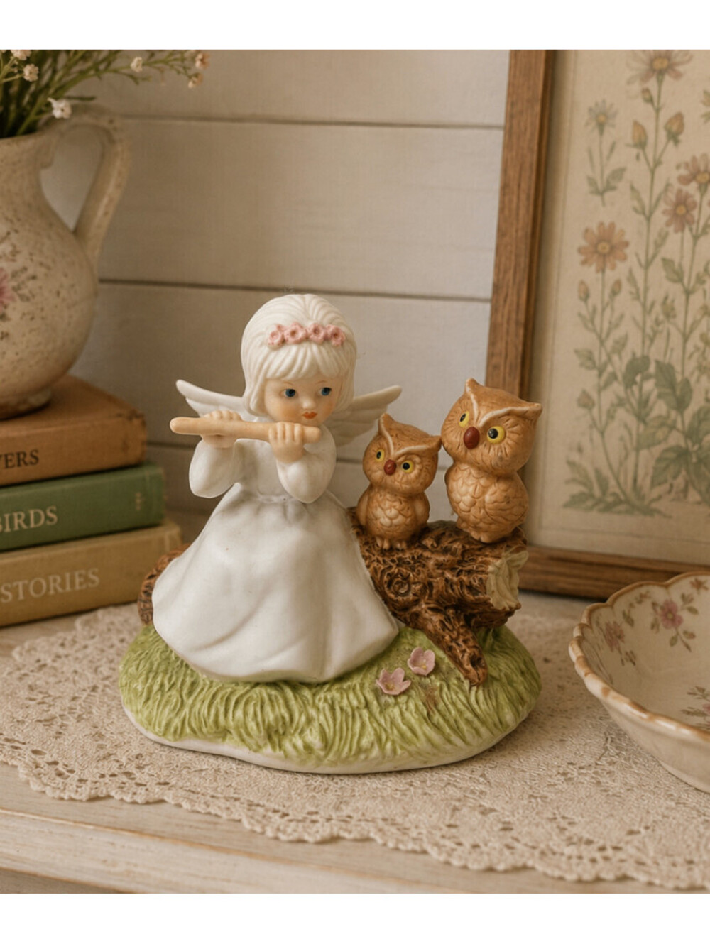 Ceramic Angel Figurine Playing Flute with Owls on Log Statue Made in Taiwan